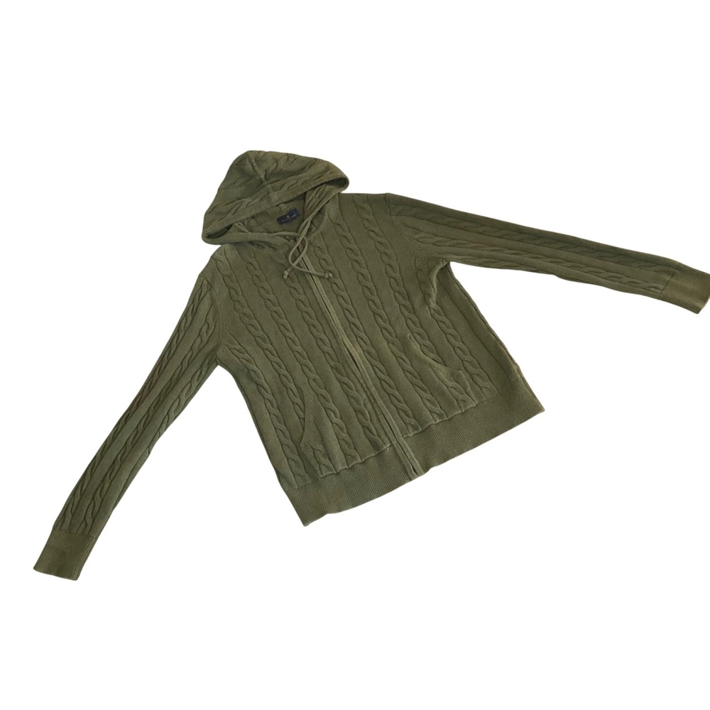 Brooks Brothers Zip Hoodie Women M Green Cable Knit Cotton Cardigan Sweater